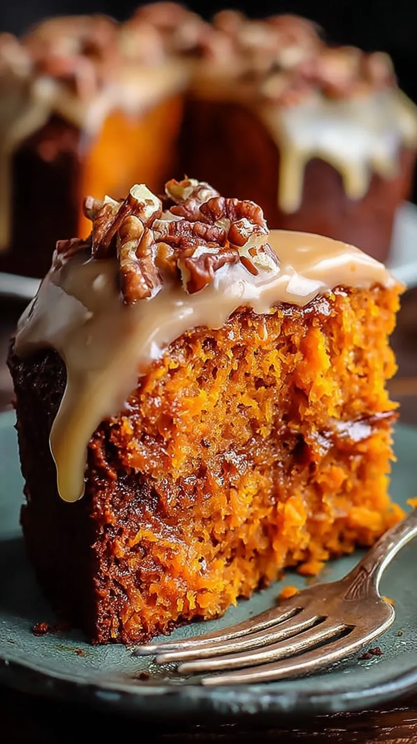 A golden brown spiced sweet potato cake in a rectangular baking pan