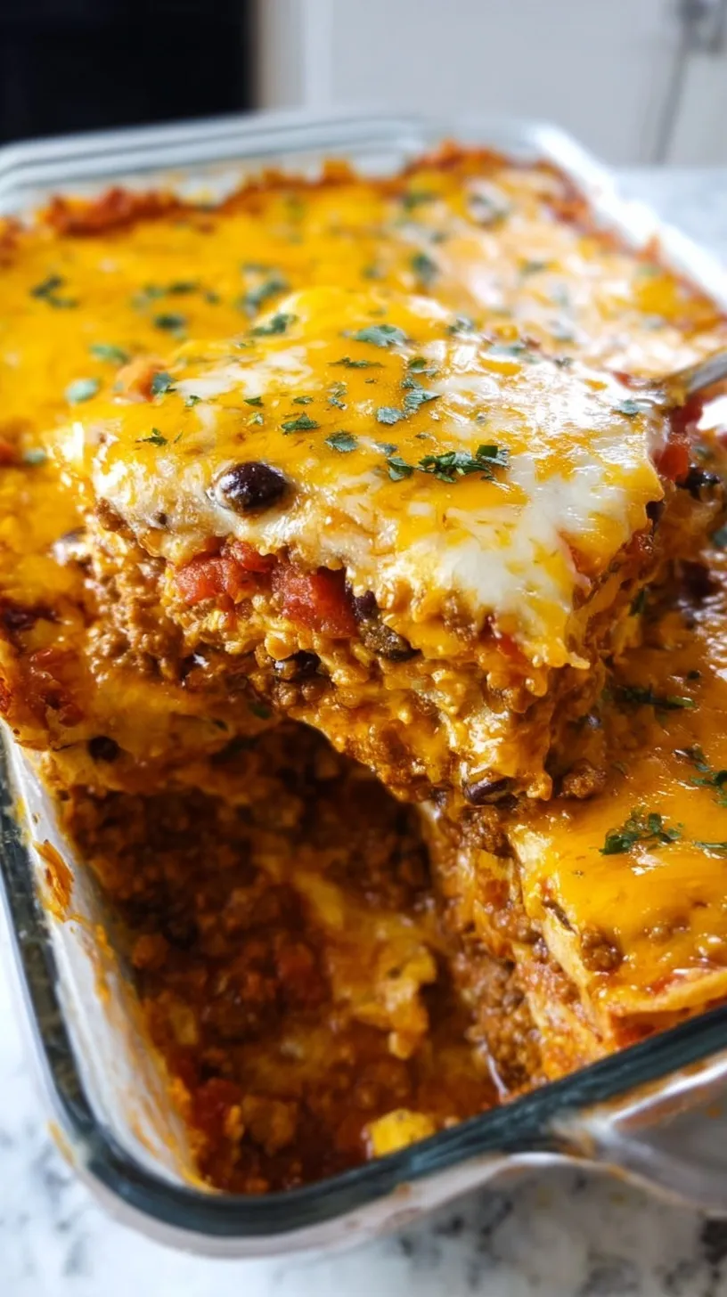 A bubbling, golden-brown taco lasagna in a glass baking dish with melted Mexican cheese and fresh cilantro garnishes.