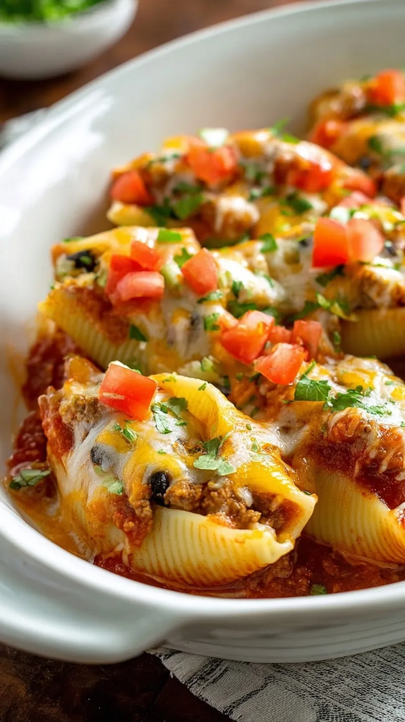 Golden baked pasta shells filled with taco meat and melted cheese in a baking dish