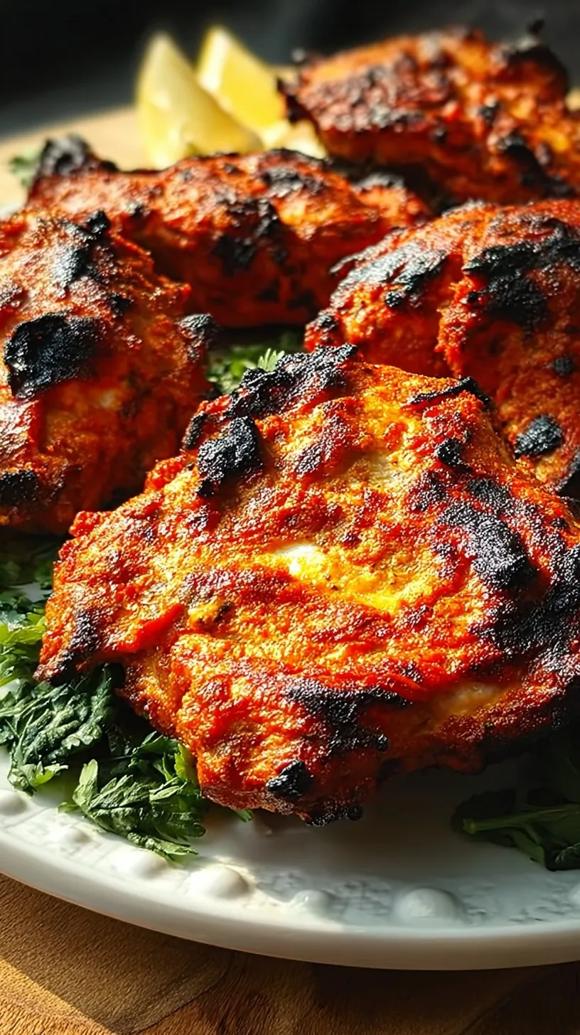 Golden charred Tandoori Chicken thighs on a wire rack with lemon wedges