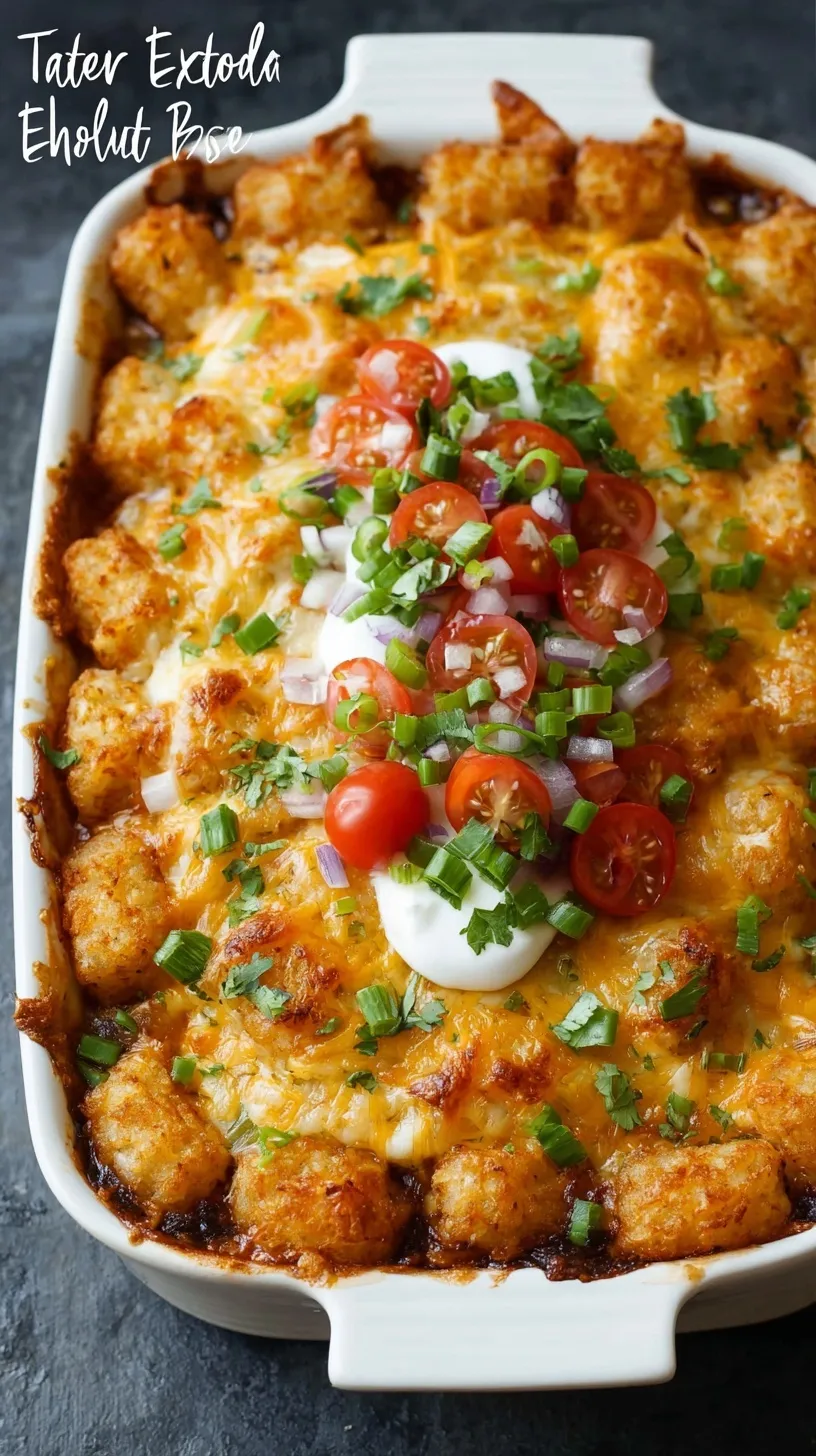 Golden brown tater tot enchilada bake in a glass dish with melted cheese and fresh cilantro