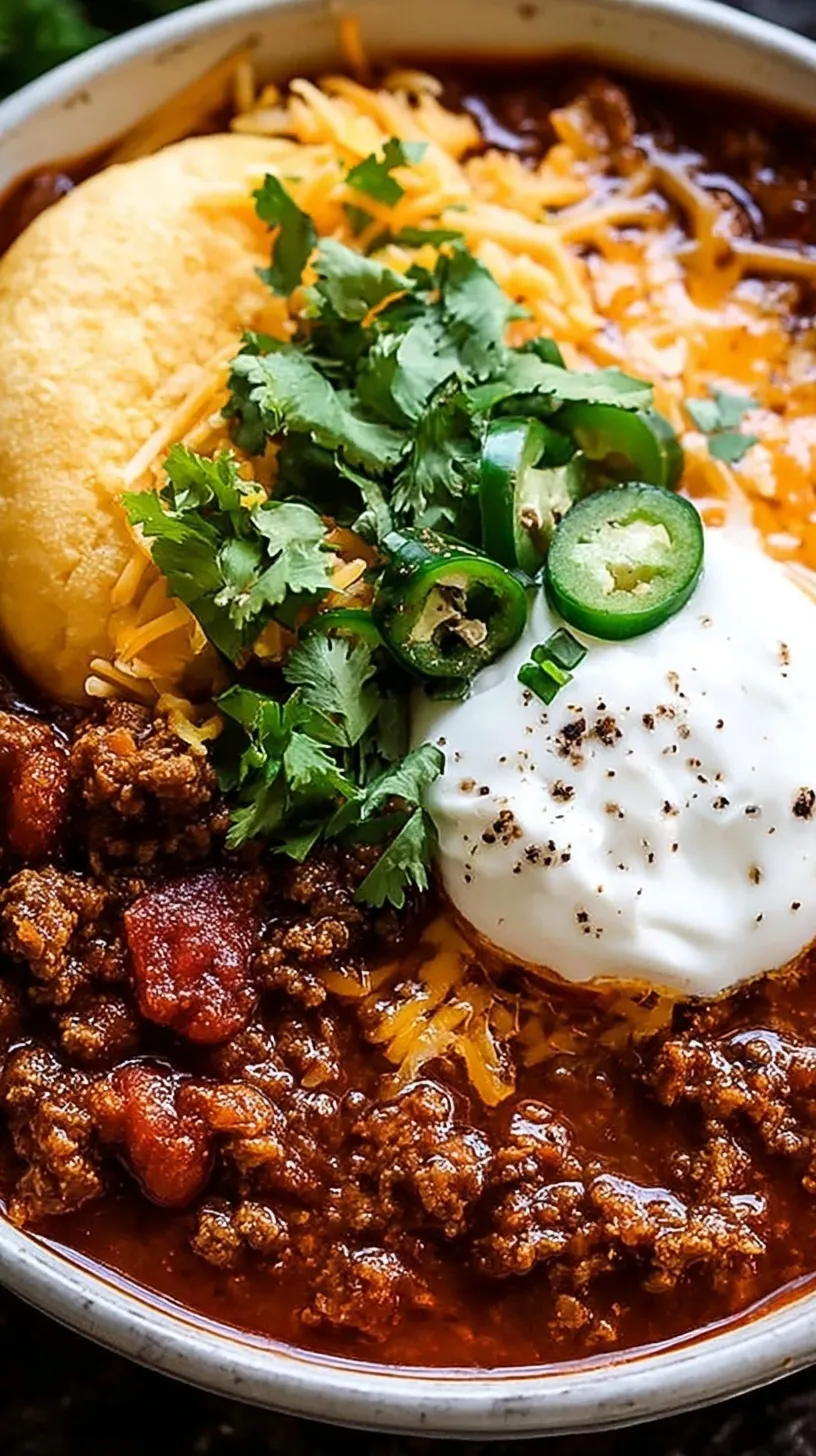 A steaming bowl of dark red Texas No Beans Chili topped with shredded cheese and fresh cilantro