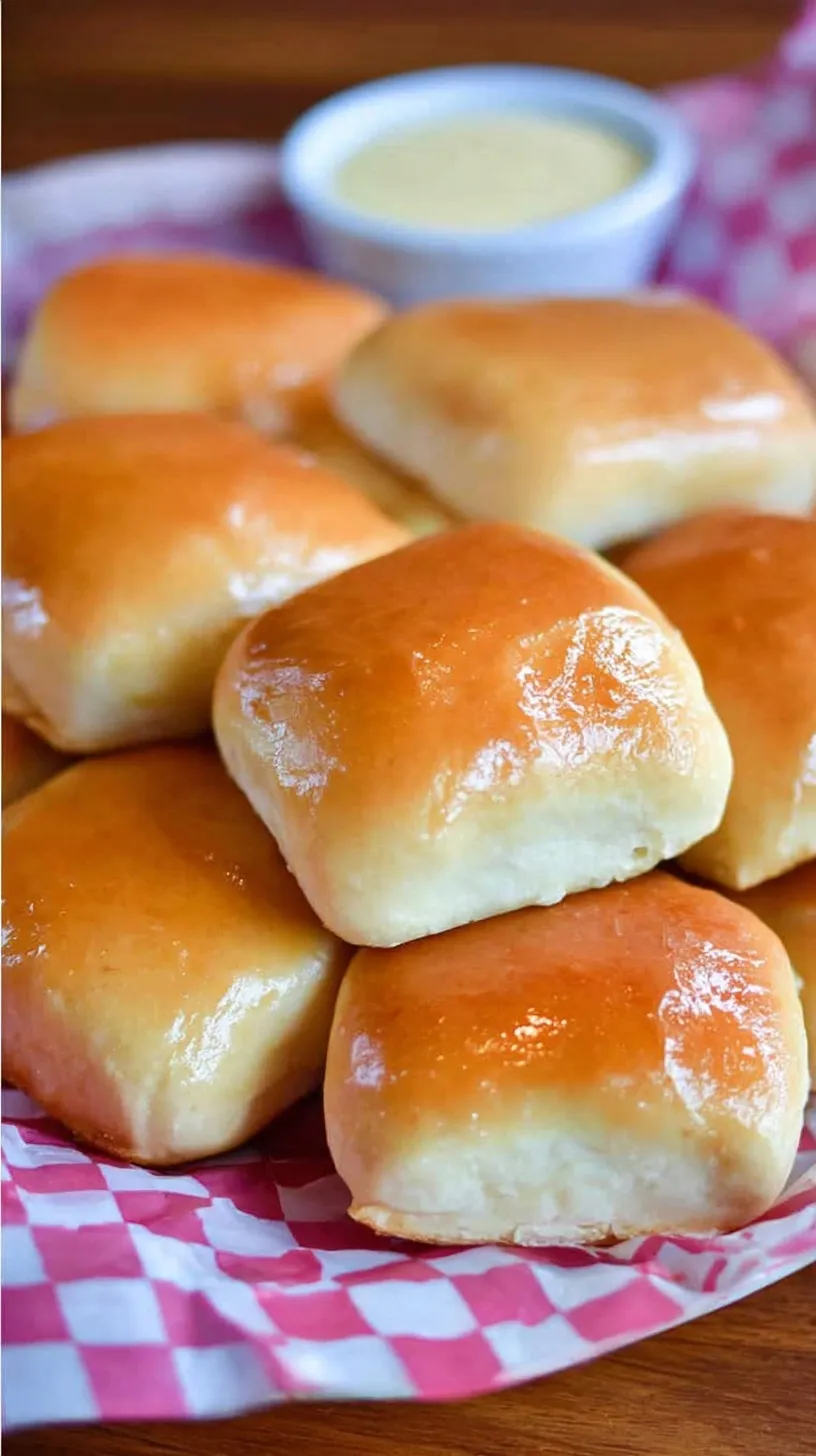 A basket of warm, golden-brown square yeast rolls served with a small bowl of whipped cinnamon butter.