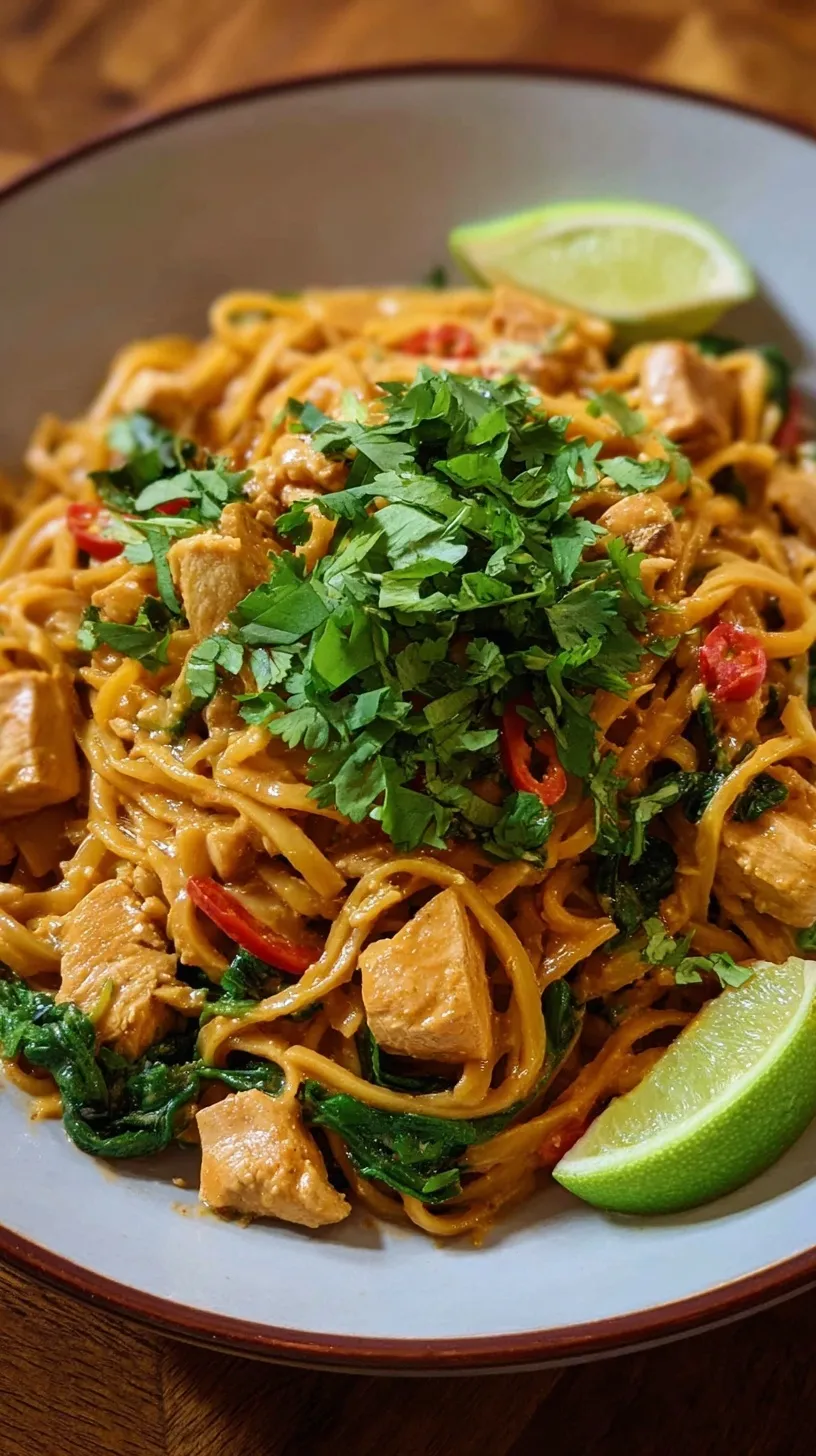 A bowl of creamy Thai Chicken Peanut Noodles topped with crushed peanuts and fresh cilantro