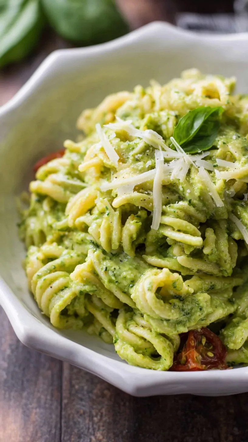 A bowl of creamy avocado pasta topped with fresh basil and cherry tomatoes