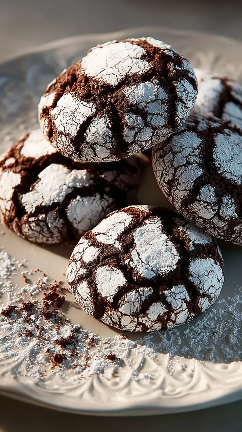 A stack of fudgy chocolate crinkle cookies dusted with white powdered sugar on a cooling rack.