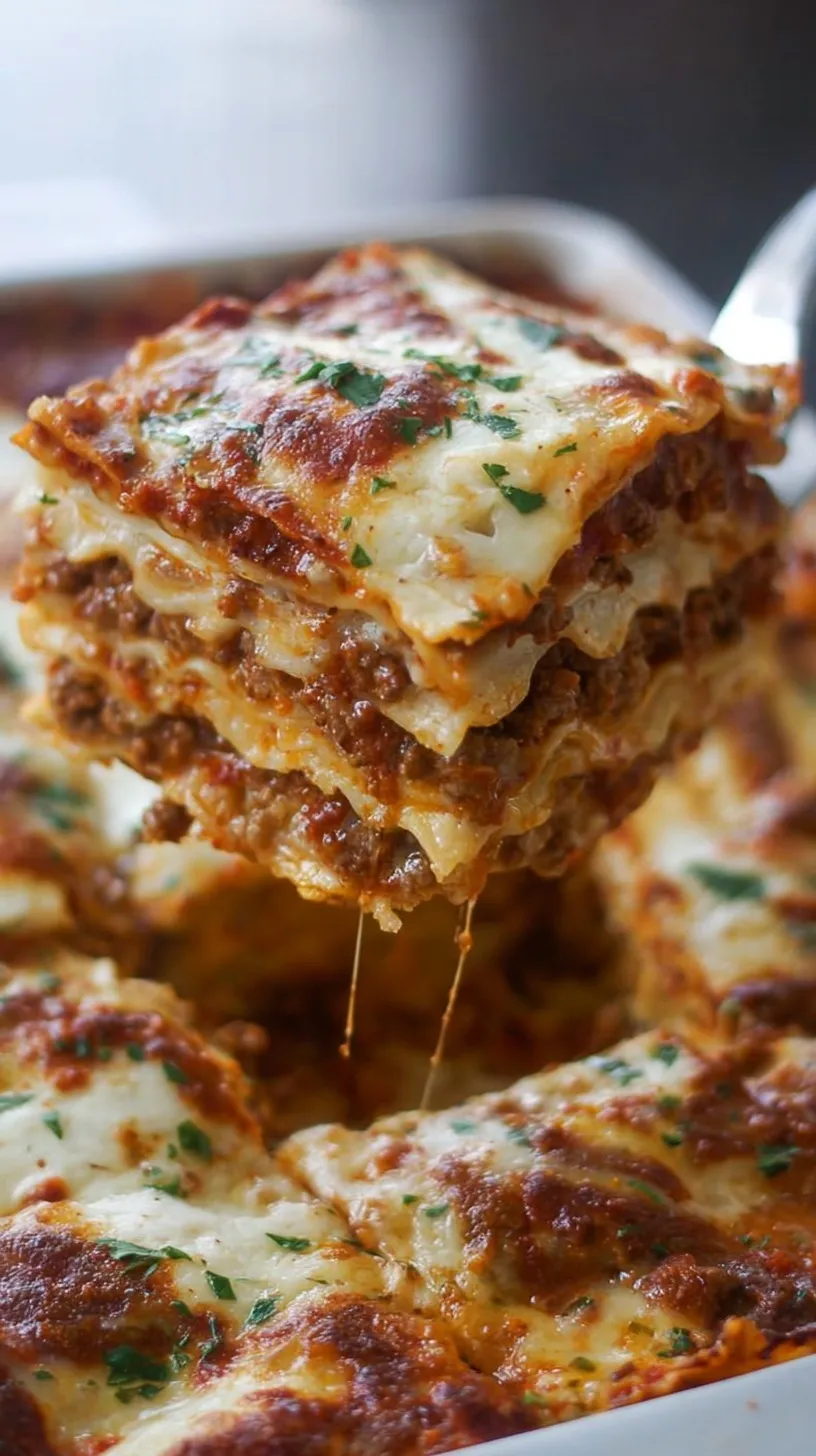 A slice of cheesy lasagna with layers of meat sauce and ricotta on a white plate.
