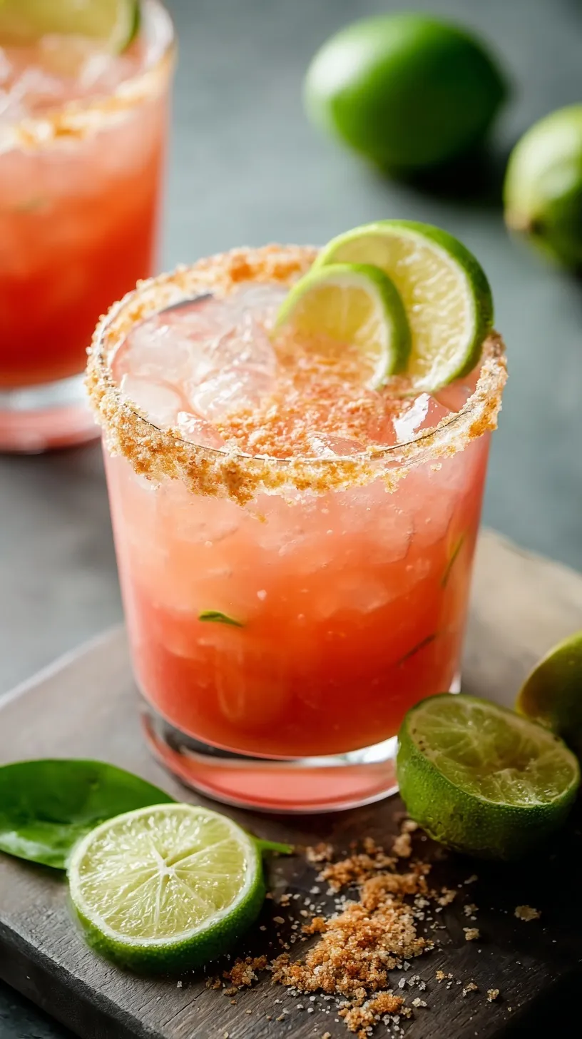 A vibrant pink guava margarita in a Tajin-rimmed glass with a lime garnish on a sunny table.