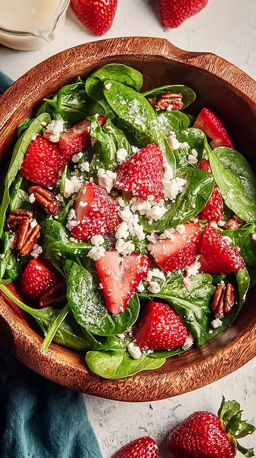 A fresh bowl of strawberry spinach salad with pecans and feta cheese.