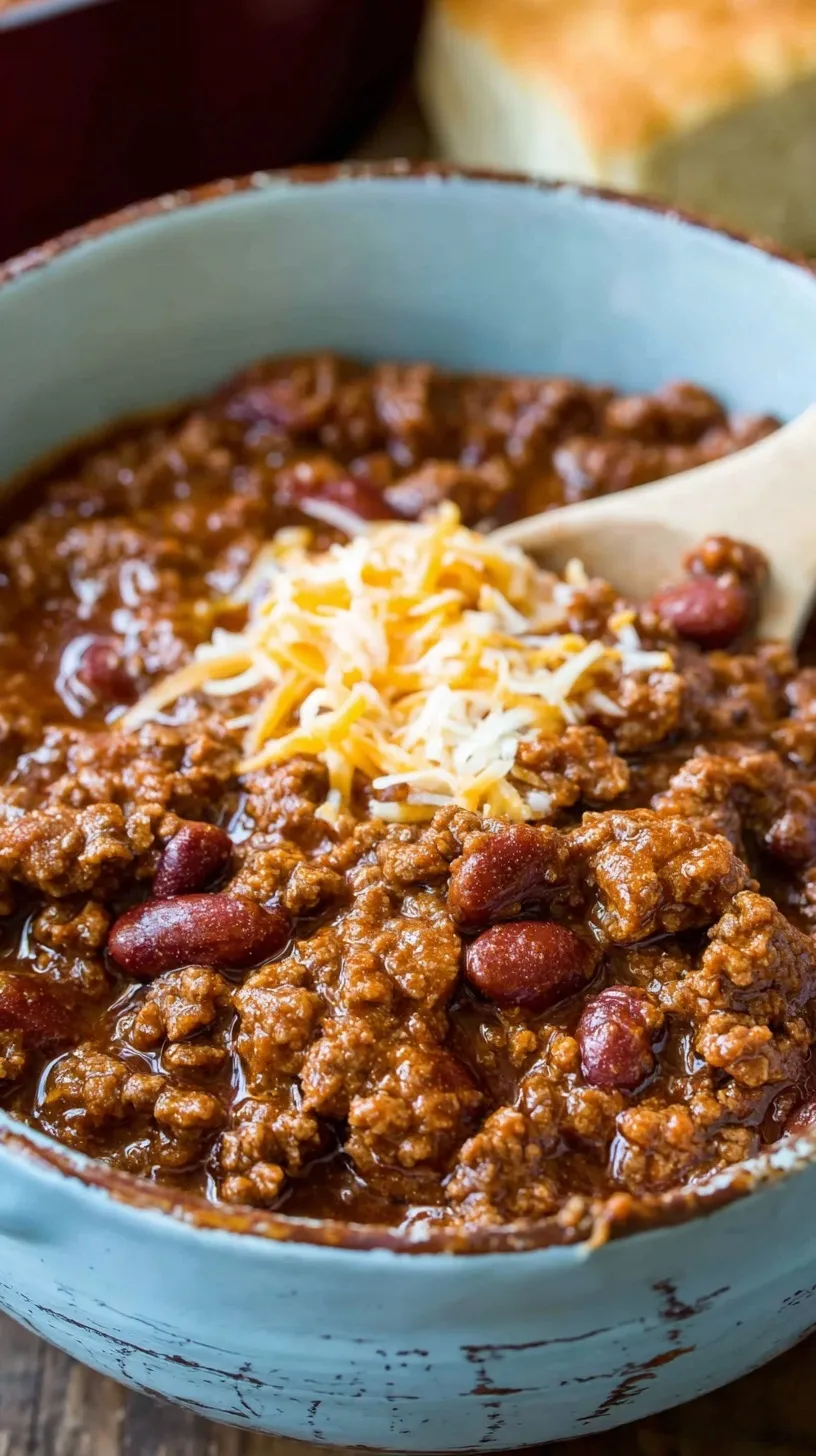 A steaming bowl of classic beef chili topped with shredded cheese and sour cream