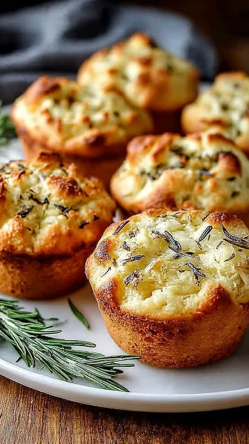 Twelve golden brown garlic rosemary focaccia muffins in a muffin tin with fresh herbs