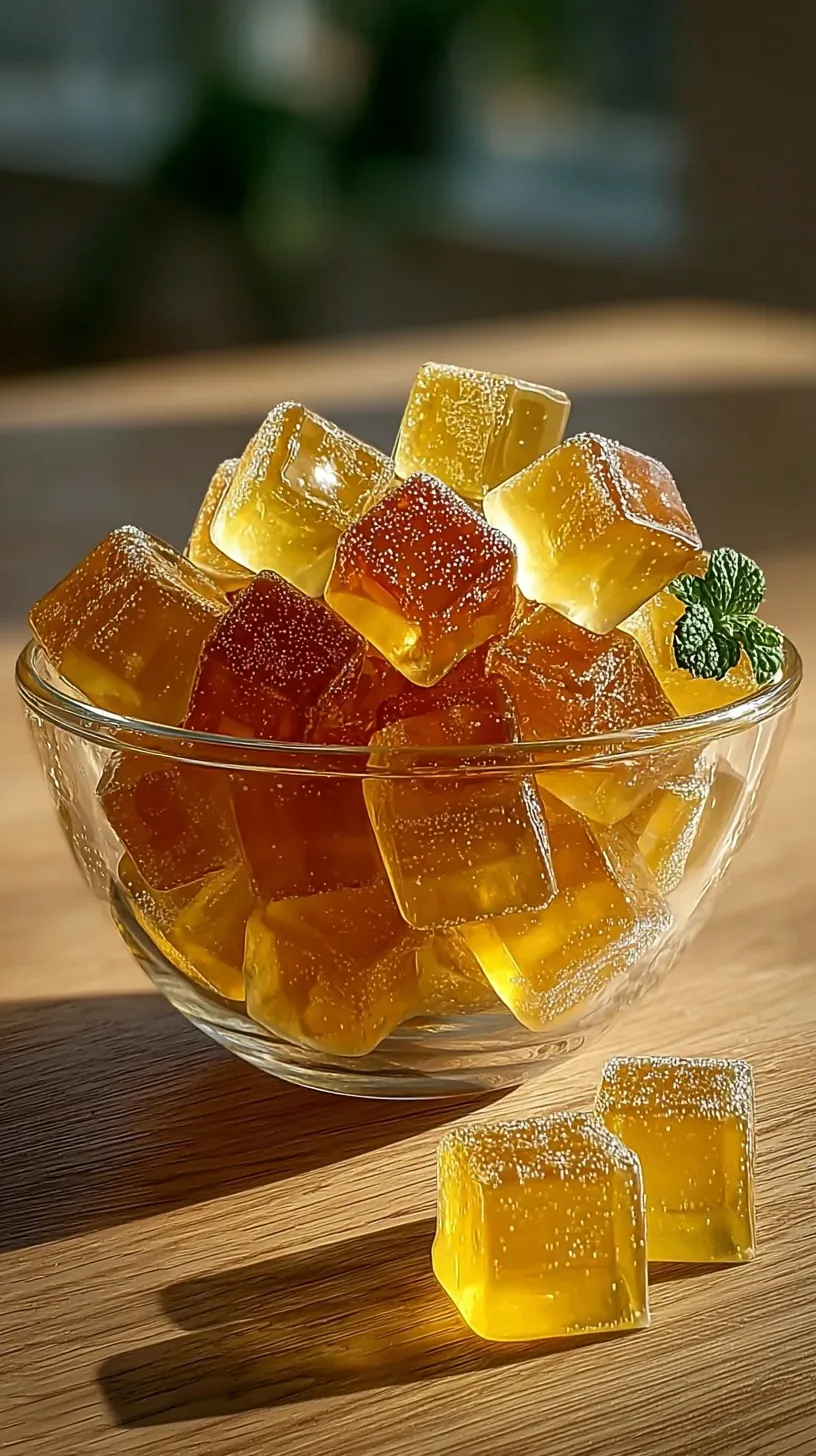 A warm mug of clear gelatin tea with lemon and a small bowl of gelatin cubes on a wooden table.