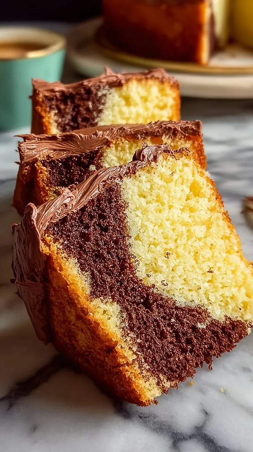 A beautiful three layer pound cake stacked on a white cake stand