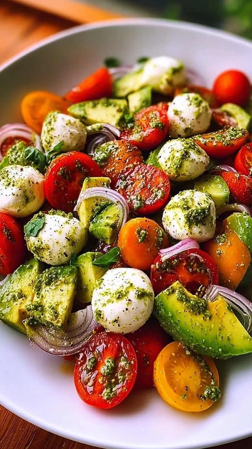 A bright bowl of Tomato Cucumber Avocado Salad with mozzarella pearls and basil pesto dressing