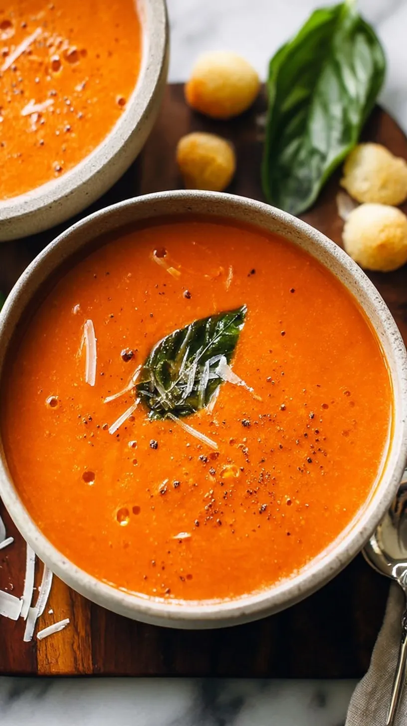 A bowl of creamy tomato soup with a swirl of cream and fresh basil.