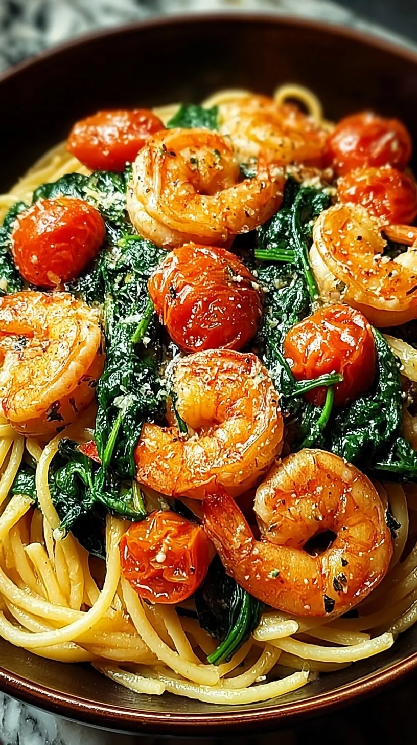 A bowl of linguine with sautéed shrimp, fresh spinach, and diced tomatoes garnished with parmesan.