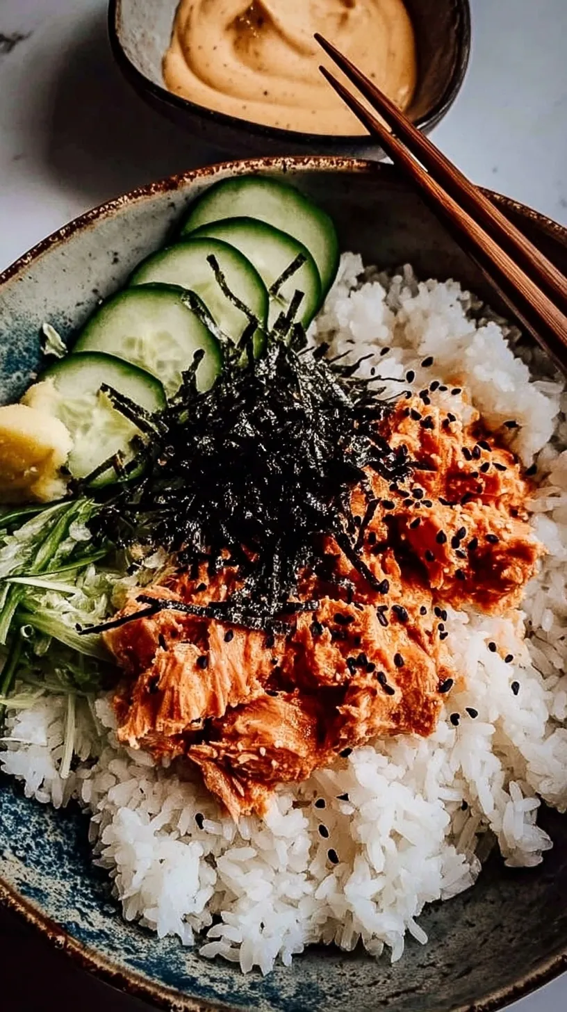 Two colorful tuna rice bowls topped with avocado, cucumber, and sriracha mayo drizzle on a wooden table.