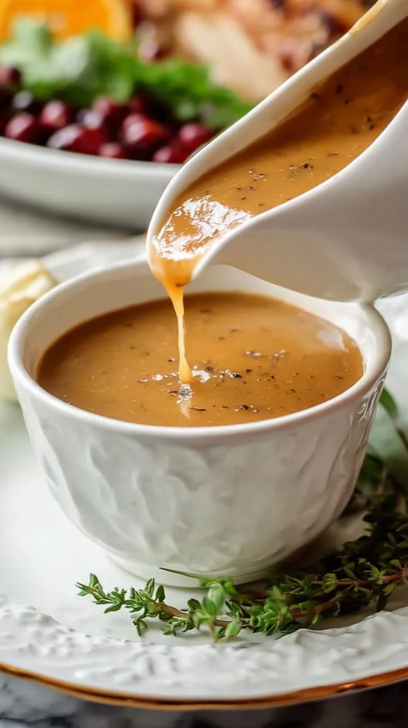 A white gravy boat filled with smooth, golden turkey gravy garnished with fresh sage.