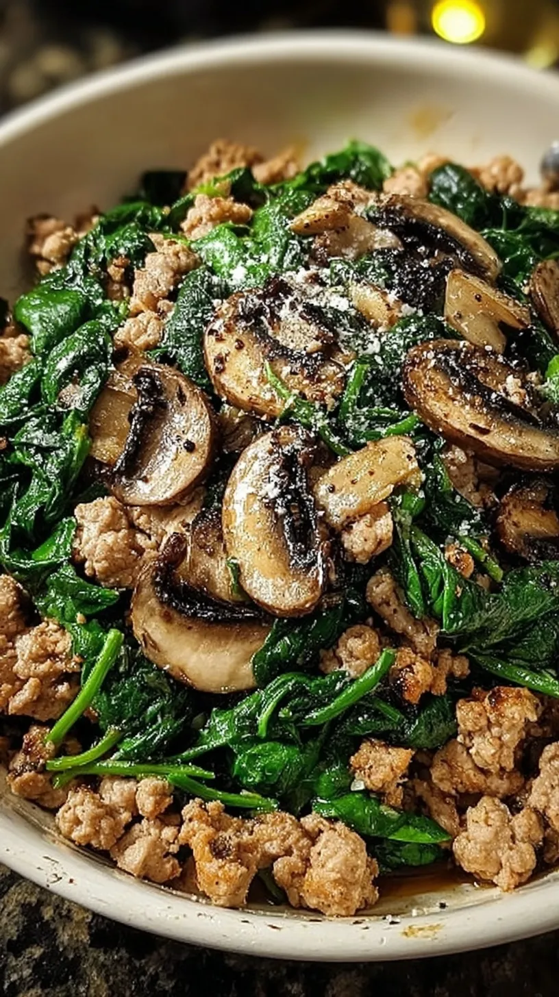 A savory turkey spinach mushroom skillet with browned meat and fresh greens