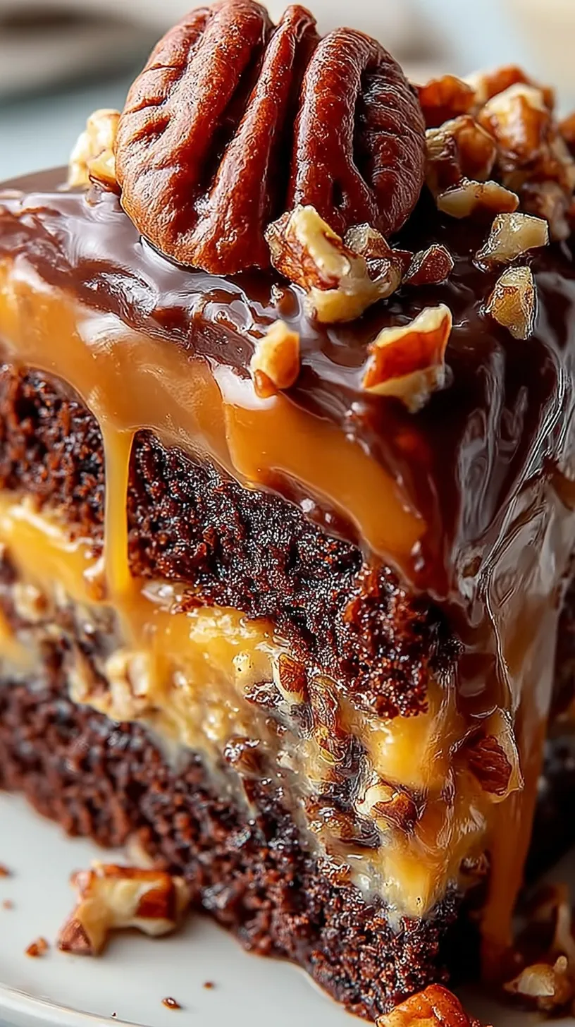 A multi-layered chocolate cake topped with chocolate ganache, caramel drizzle, and toasted pecans.