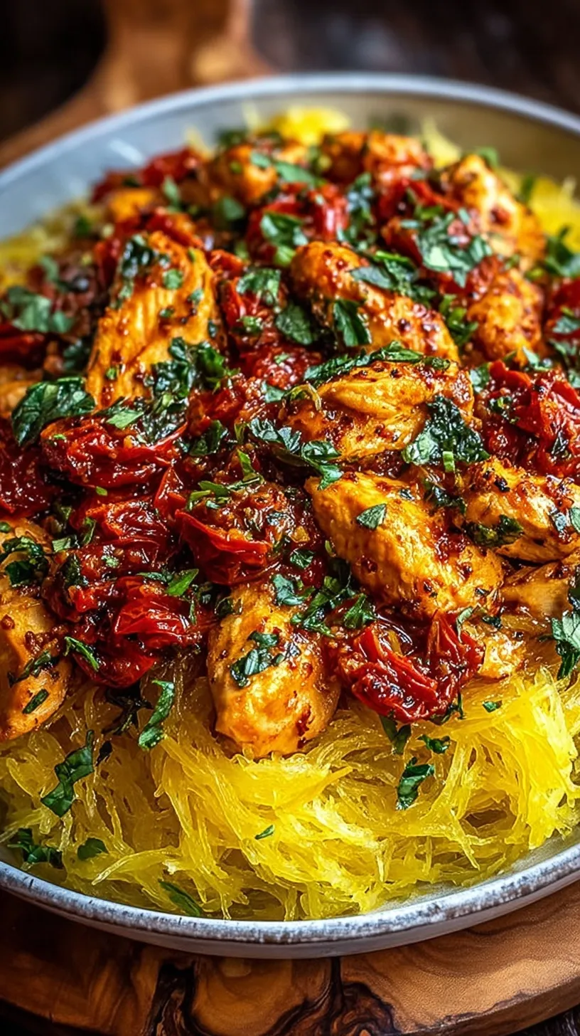 A skillet of creamy Tuscan chicken mixed with shredded spaghetti squash, spinach, and sun-dried tomatoes.