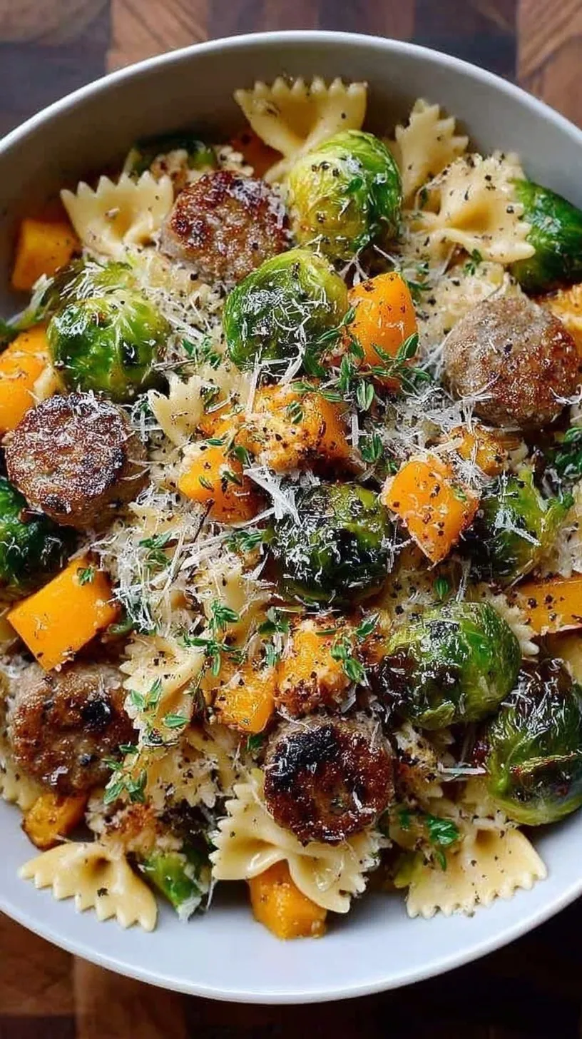 A bowl of autumn sausage pasta with roasted butternut squash, charred Brussels sprouts, and smoked sausage coins.