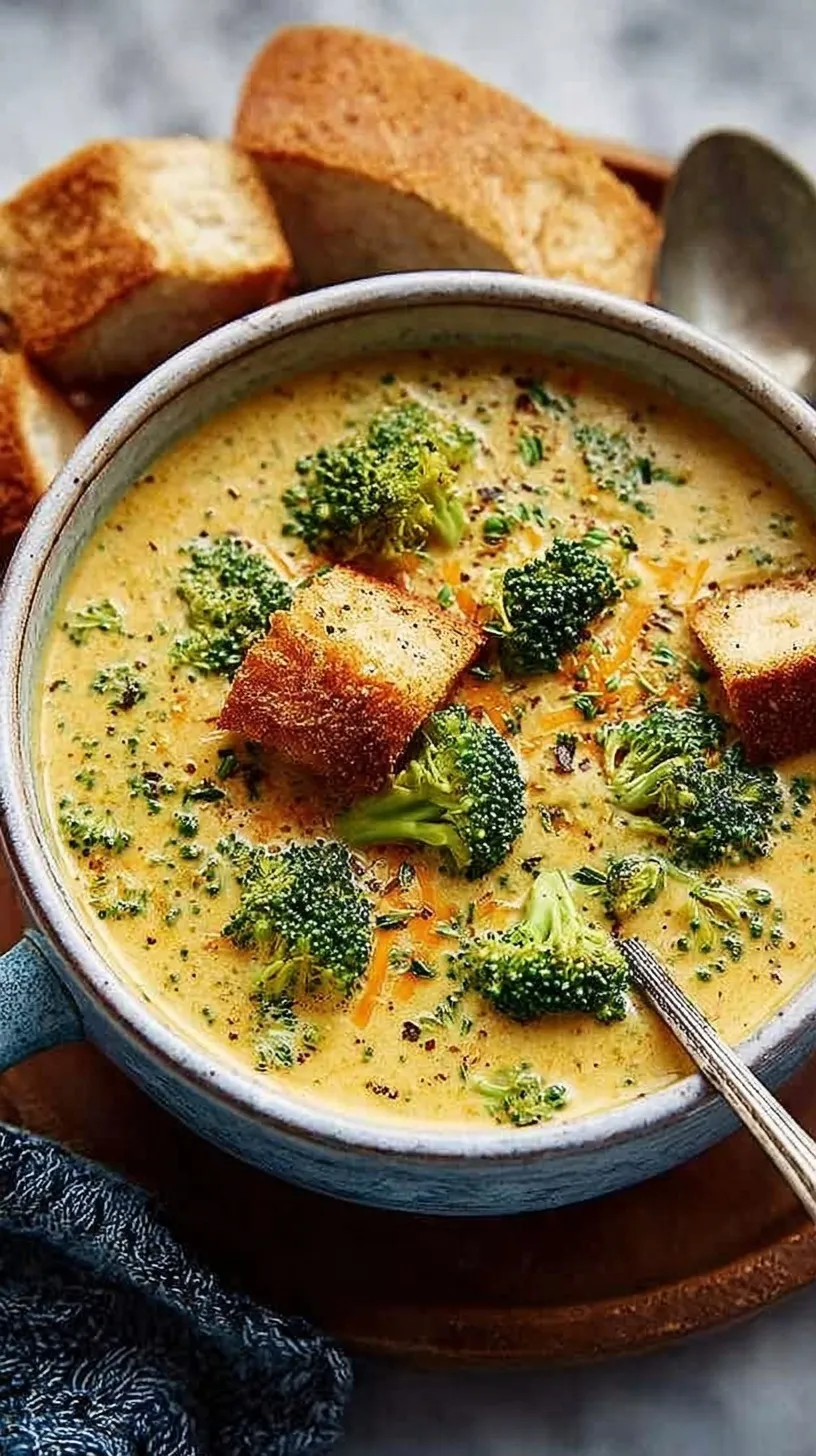 A white bowl filled with creamy broccoli cheddar soup topped with extra shredded cheese and fresh broccoli florets.