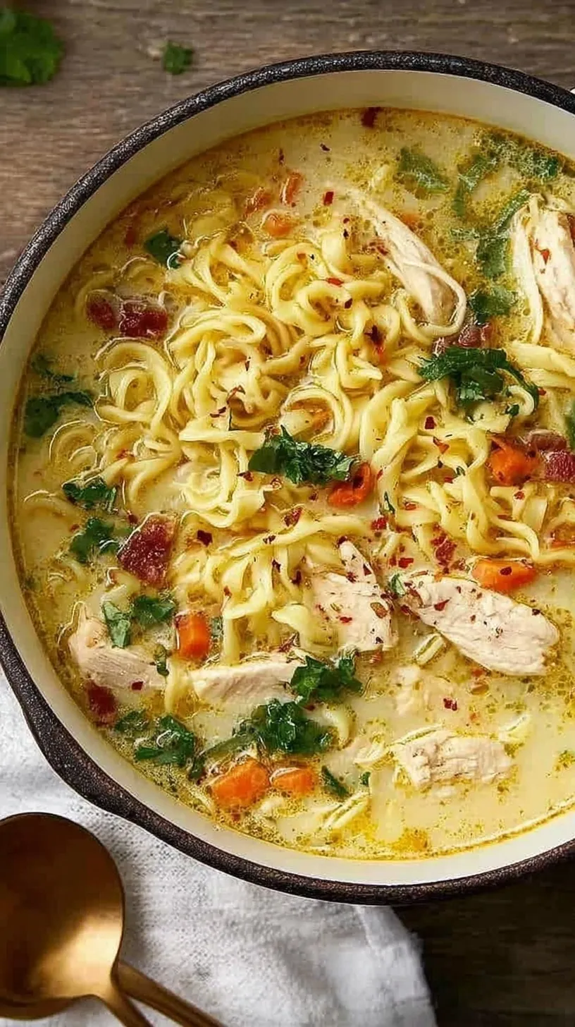 A steaming bowl of creamy crack chicken noodle soup topped with bacon and green onions.