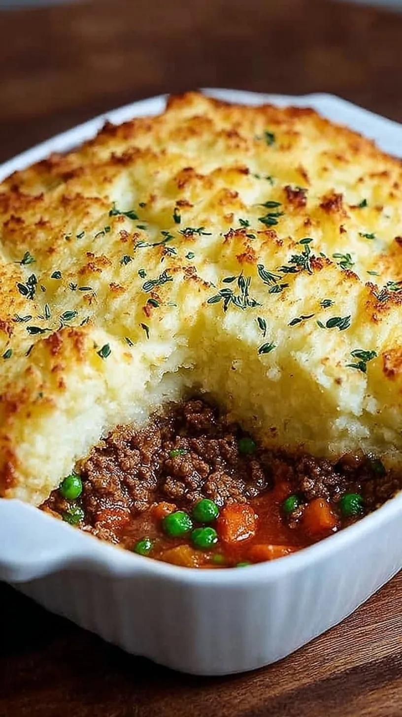 A golden-brown Easy Shepherd's Pie Casserole in a skillet with creamy mashed potato ridges and bubbling gravy.