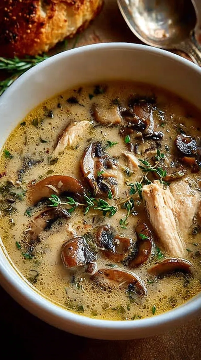 A white bowl filled with creamy chicken mushroom soup garnished with fresh parsley and a side of crusty bread.