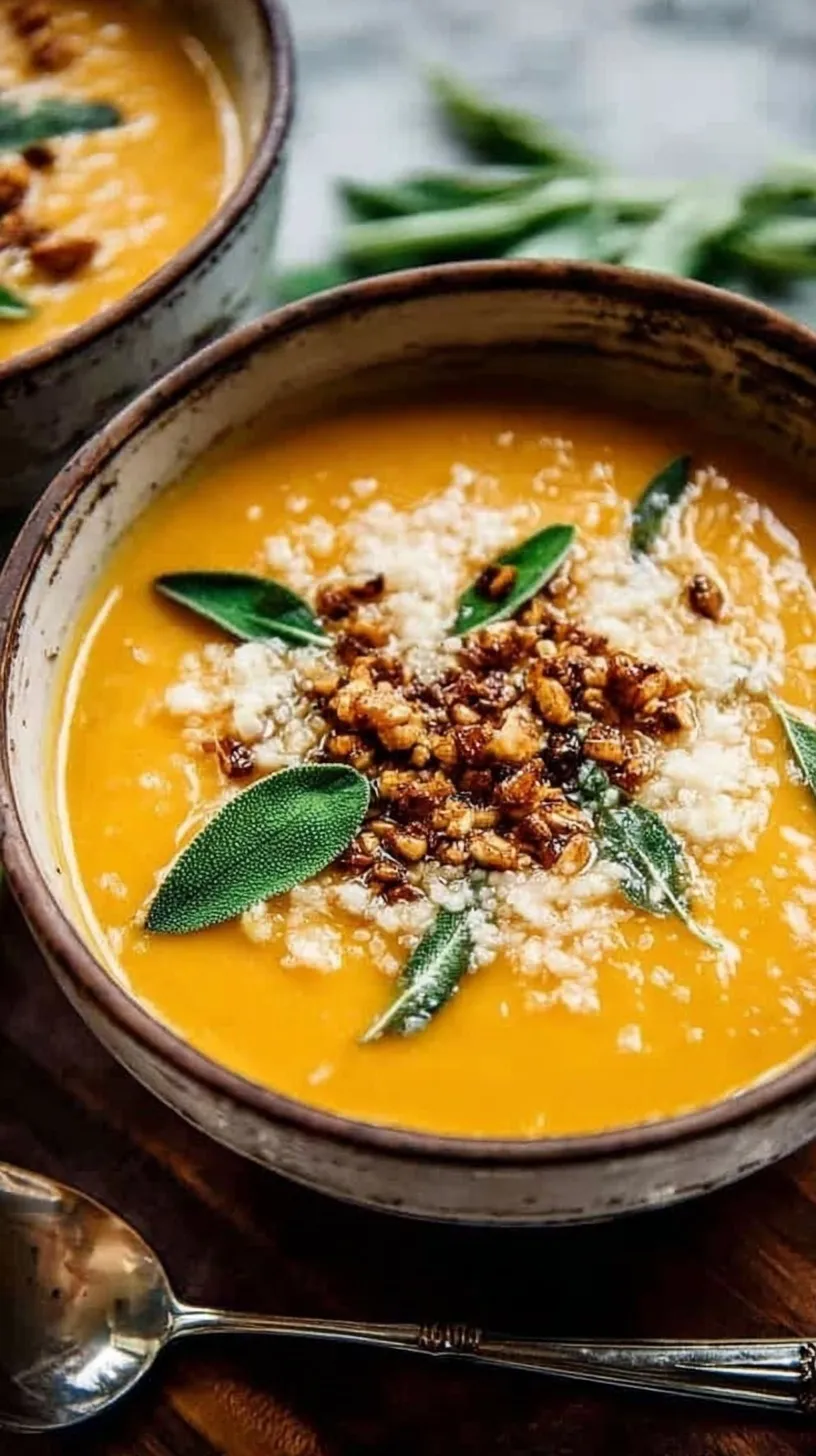 A white bowl filled with vibrant orange Thai Coconut Pumpkin Soup garnished with cream and cilantro.