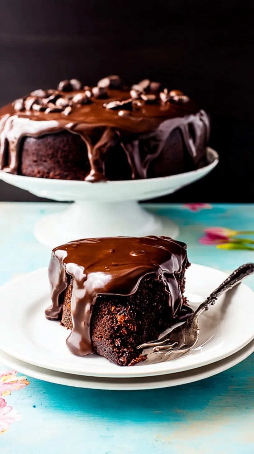 A three-layer dark chocolate cake with glossy chocolate ganache dripping down the sides.