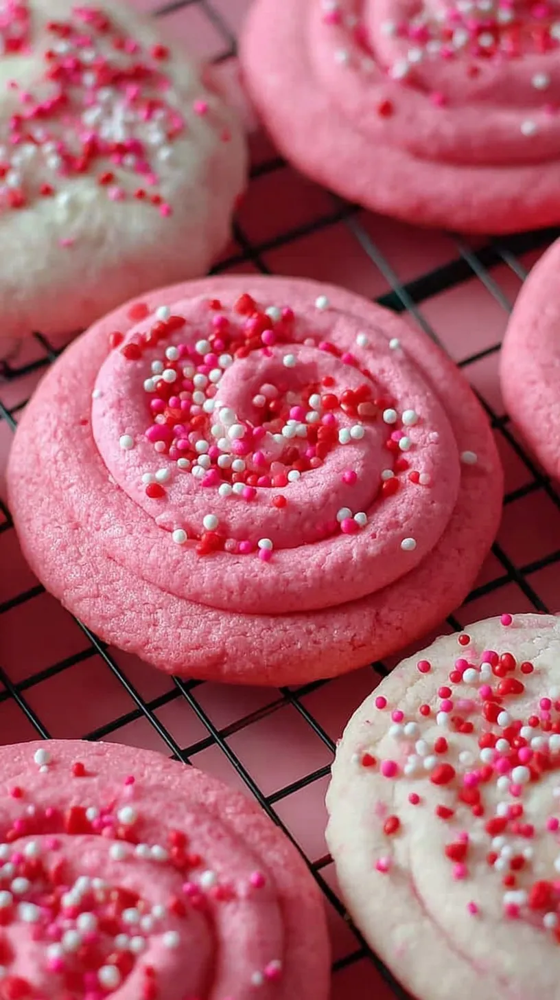 Soft sugar cookies coated in pink, red, and white sprinkles on a baking sheet.