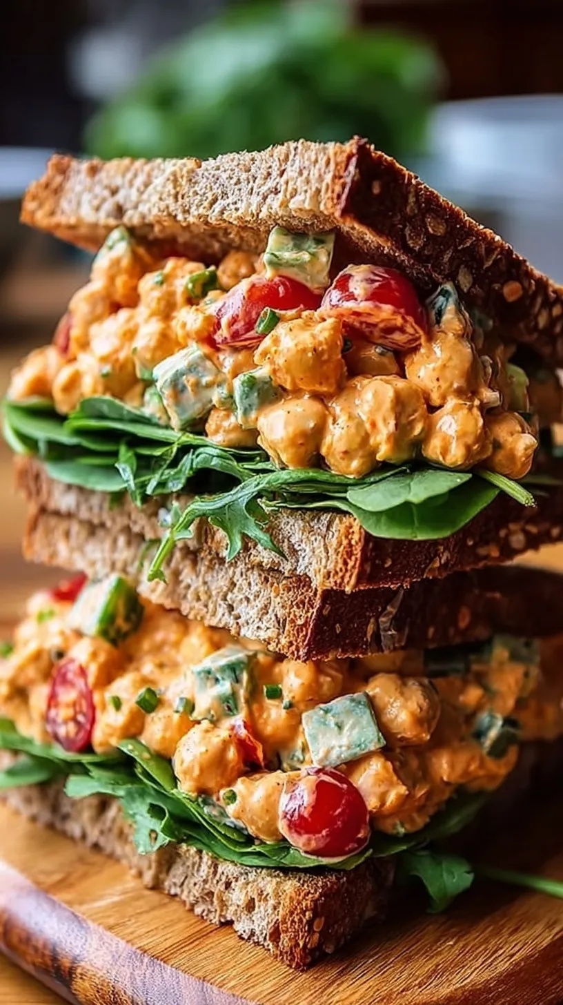 A creamy buffalo chickpea salad sandwich on toasted whole grain bread with fresh arugula