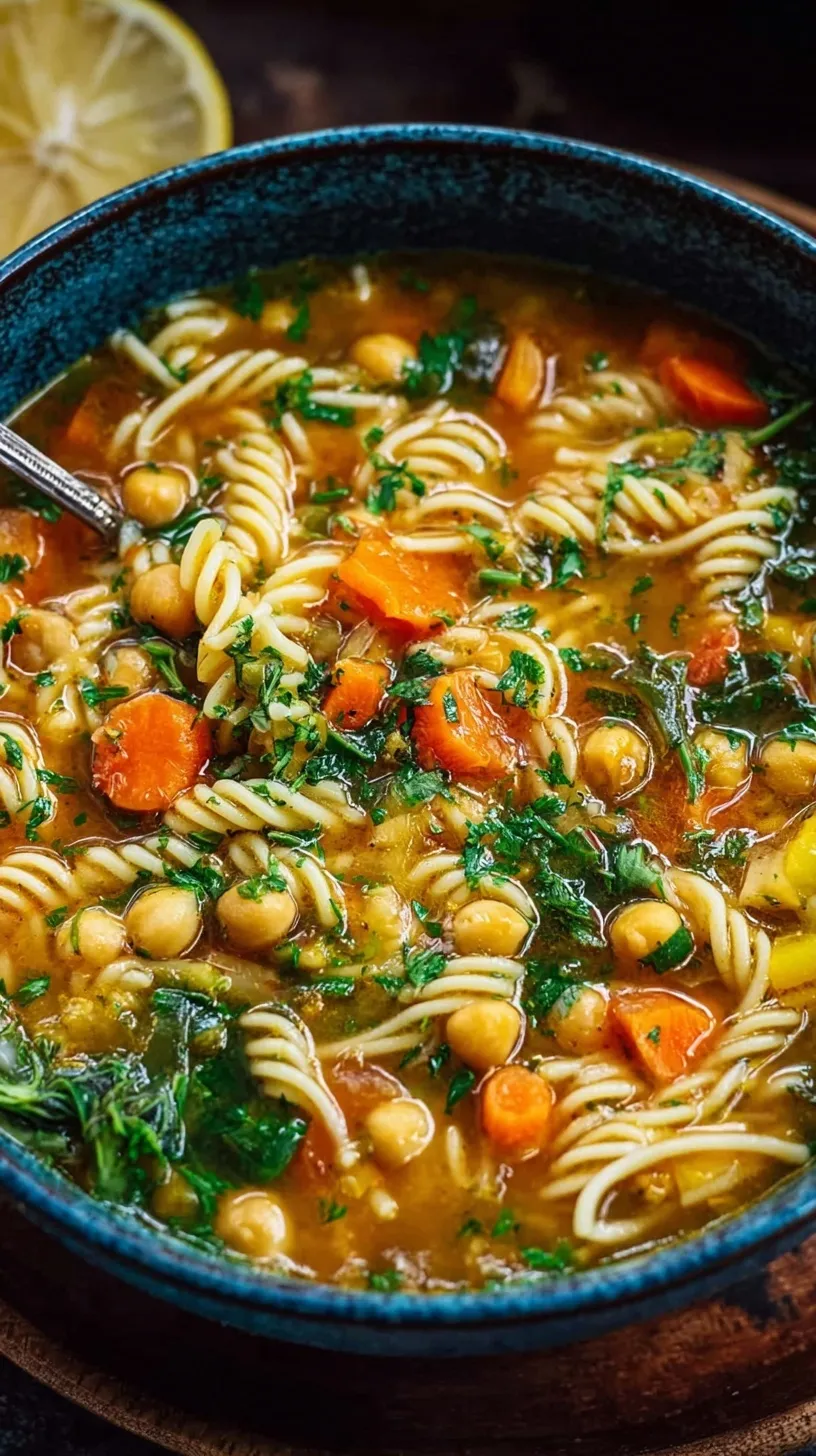 A steaming bowl of vegan chickpea noodle soup with rotini pasta, carrots, and fresh parsley.