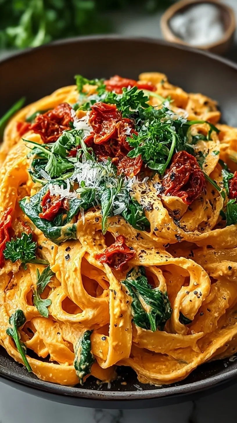 A bowl of creamy pasta with sun-dried tomatoes and fresh basil