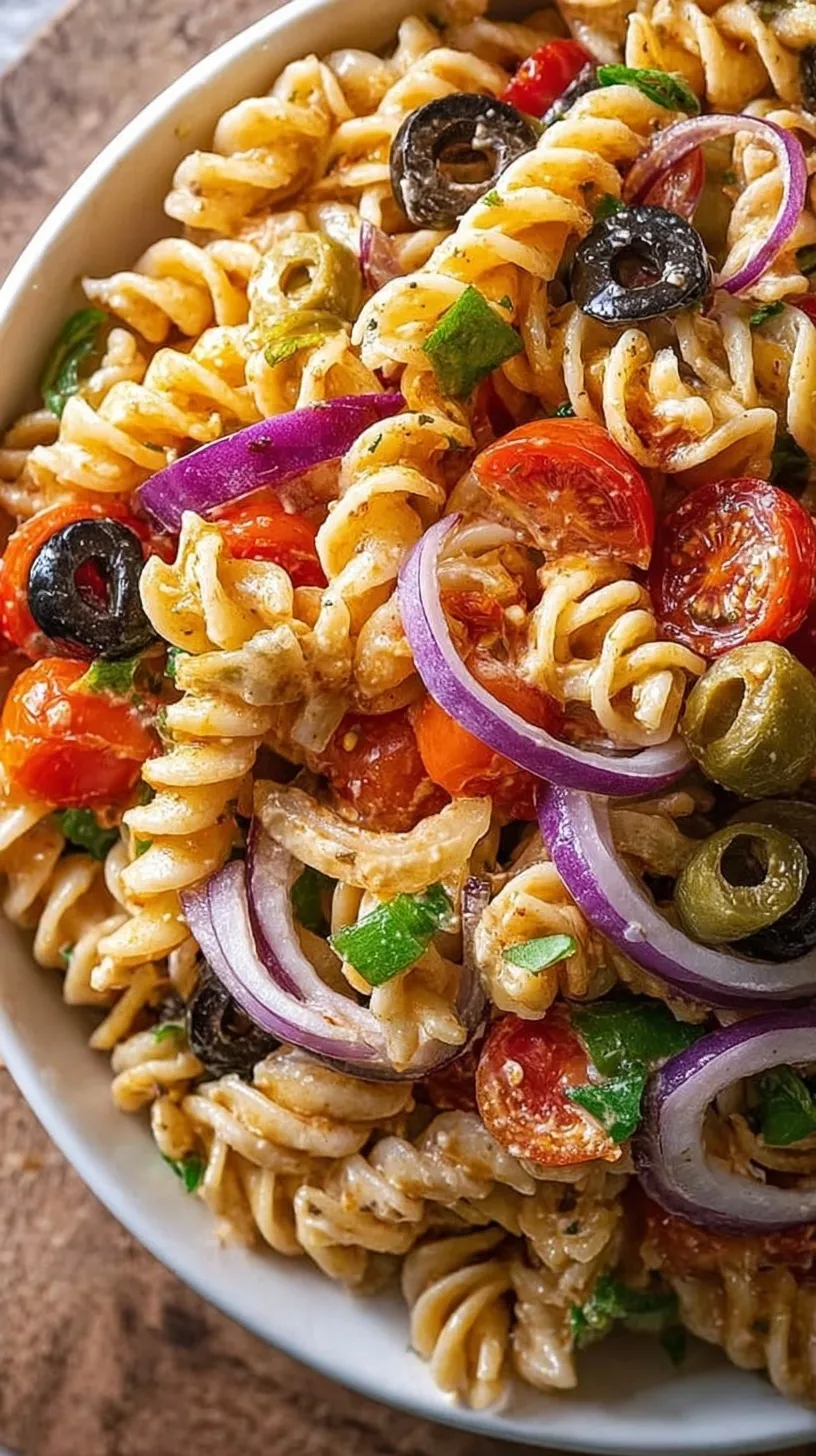 A colorful bowl of vegan pasta salad with rotini, tomatoes, cucumbers, and olives in a zesty dressing