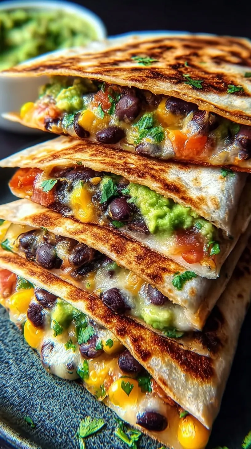 Golden brown vegan quesadillas sliced into triangles on a wooden board with avocado and beans