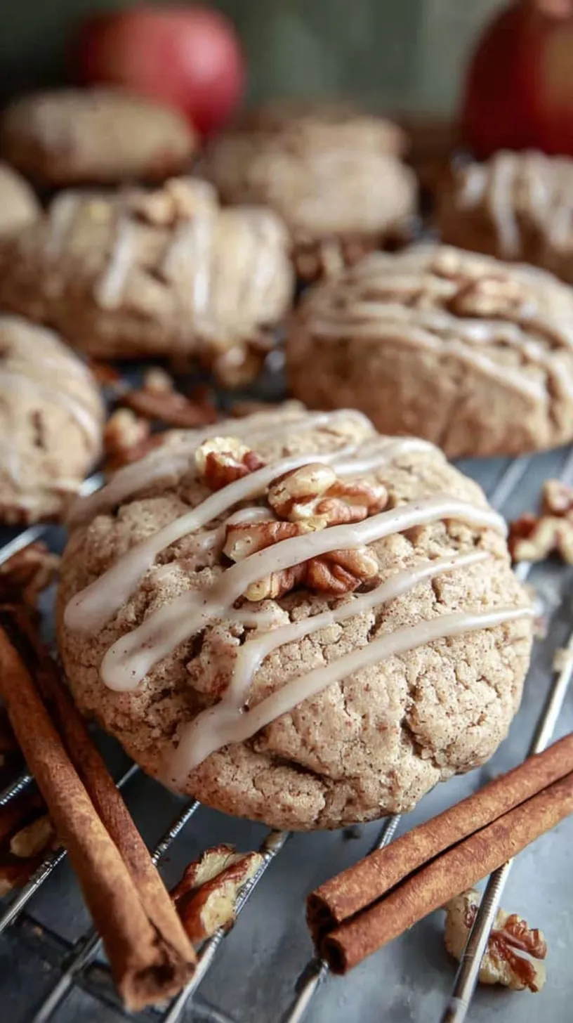Close up of golden walnut butter cookies with visible bits of dried apple on a wire rack