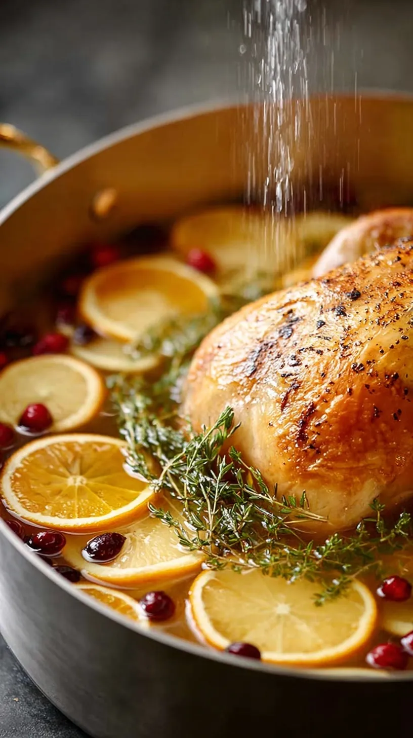 A golden brown roasted wet brine turkey on a platter with fresh herbs