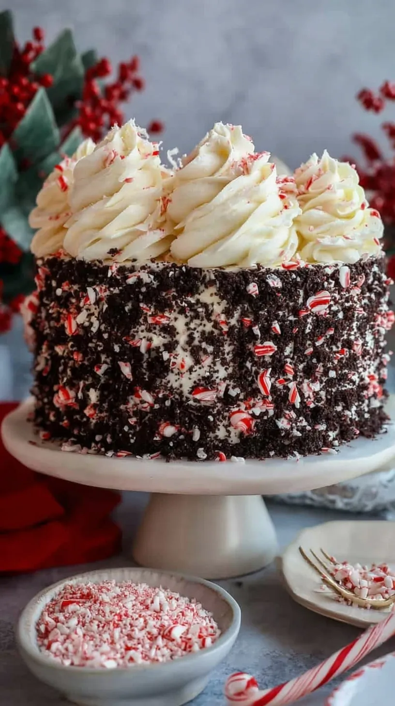 A three-layer white chocolate peppermint cake decorated with crushed candy canes and white frosting