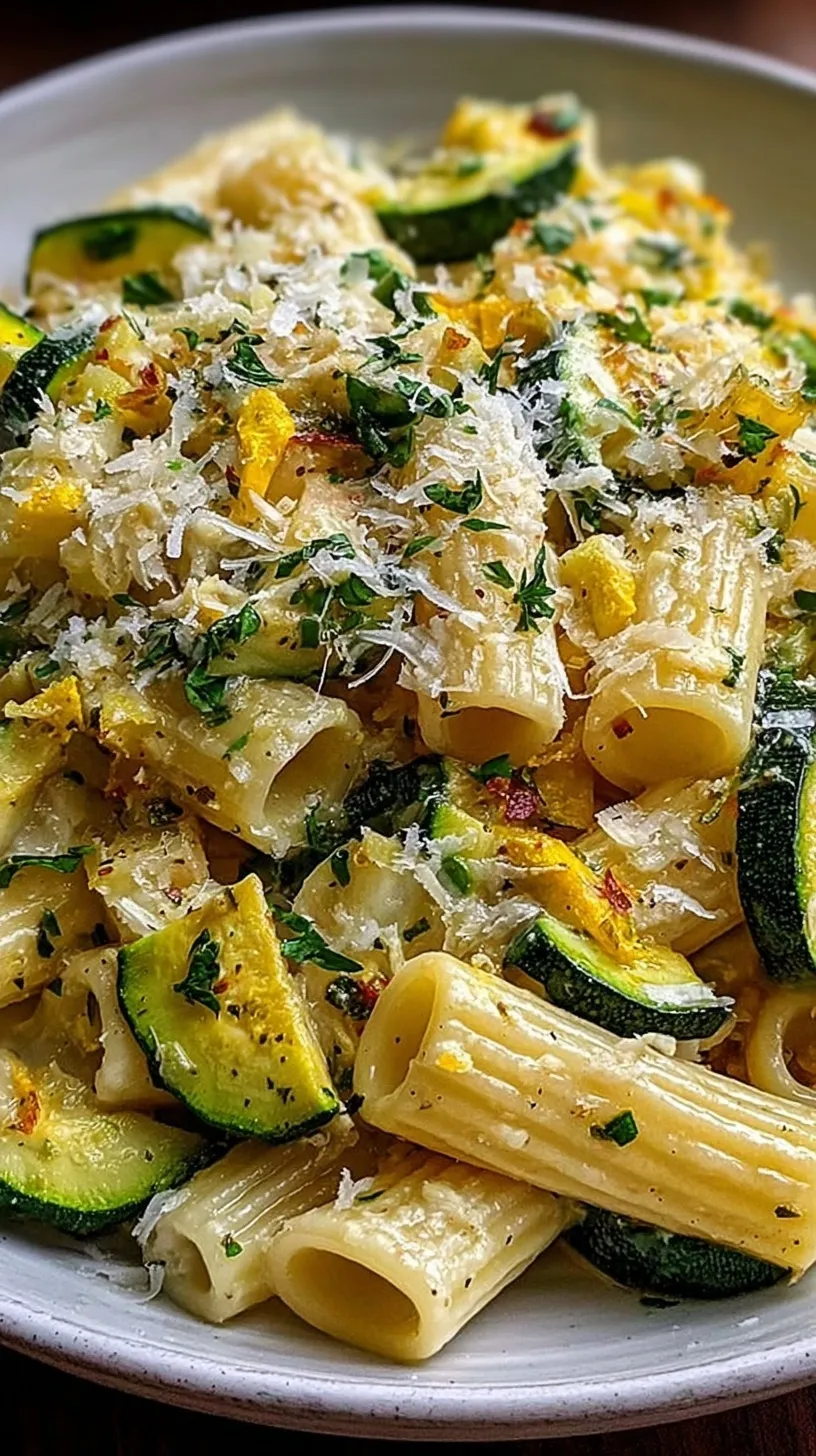A white bowl filled with rigatoni pasta, golden sautéed zucchini, and fresh parsley with lemon zest on top.