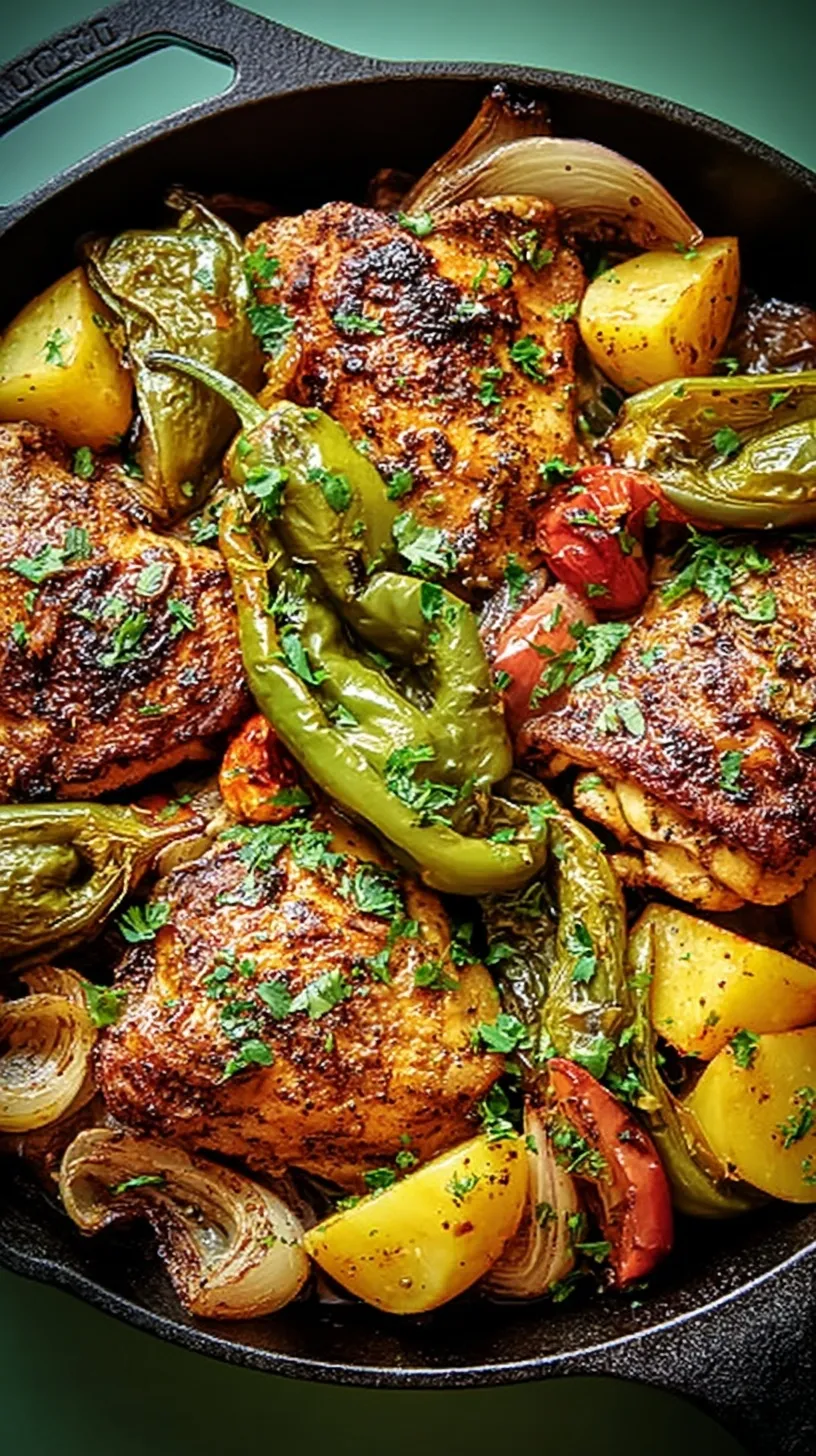 Golden seared chicken breasts topped with sliced yellow peperoncini peppers and fresh parsley in a skillet.
