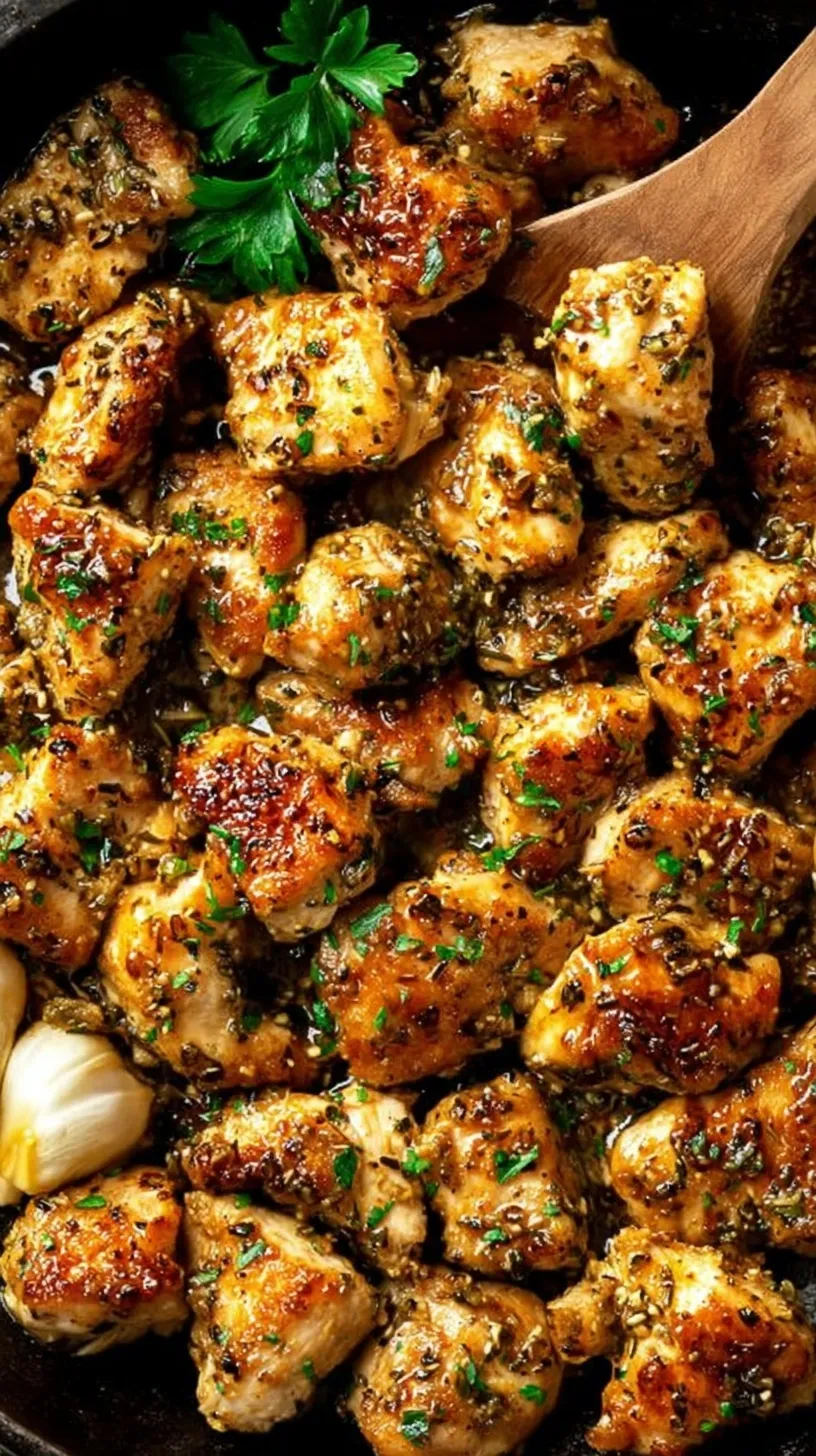 Golden brown garlic butter chicken bites in a skillet with fresh parsley and lemon