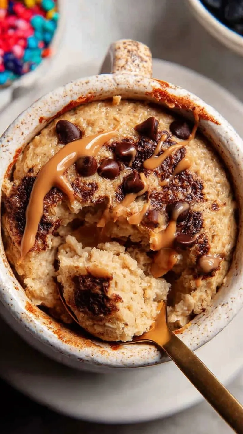 A single-serve ramekin of golden air fryer baked oats topped with melted chocolate chips.