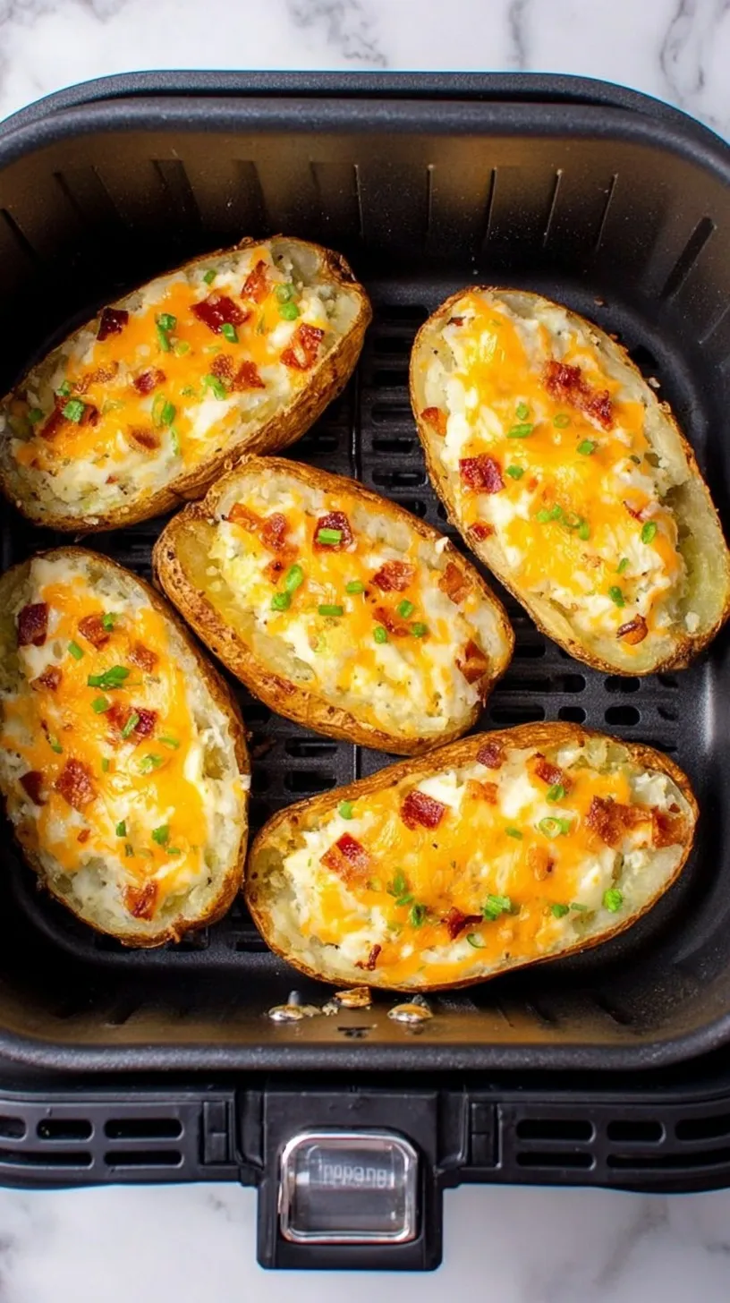 Two golden air fryer twice baked potatoes topped with melted cheese, bacon bits, and fresh chives.