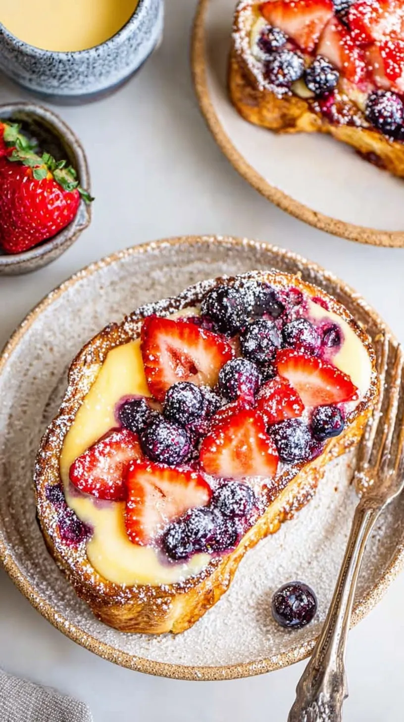 Golden brown yogurt custard toast topped with blueberries and cinnamon in an air fryer basket.
