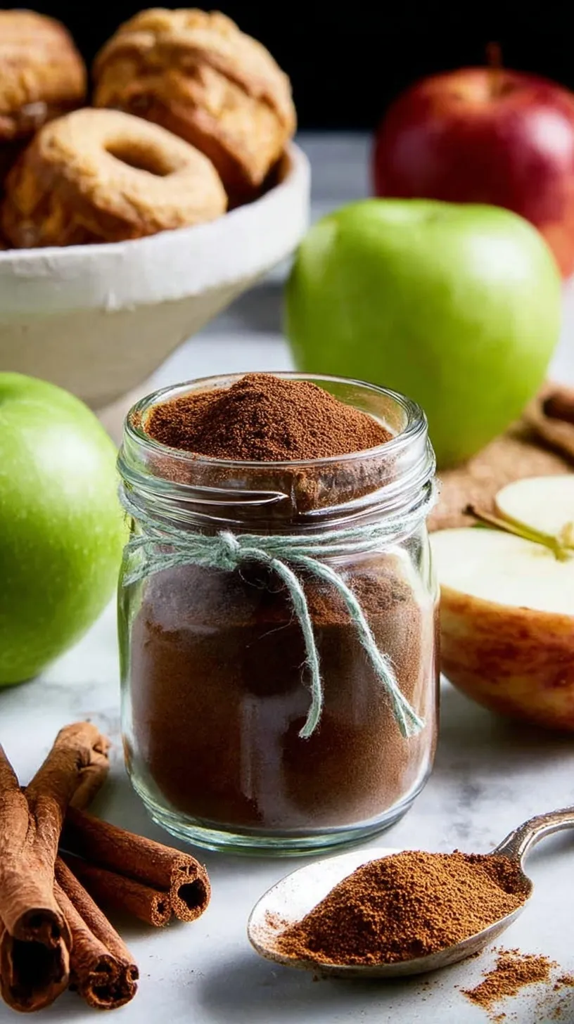 A small glass jar filled with a warm brown apple pie spice blend on a wooden surface.