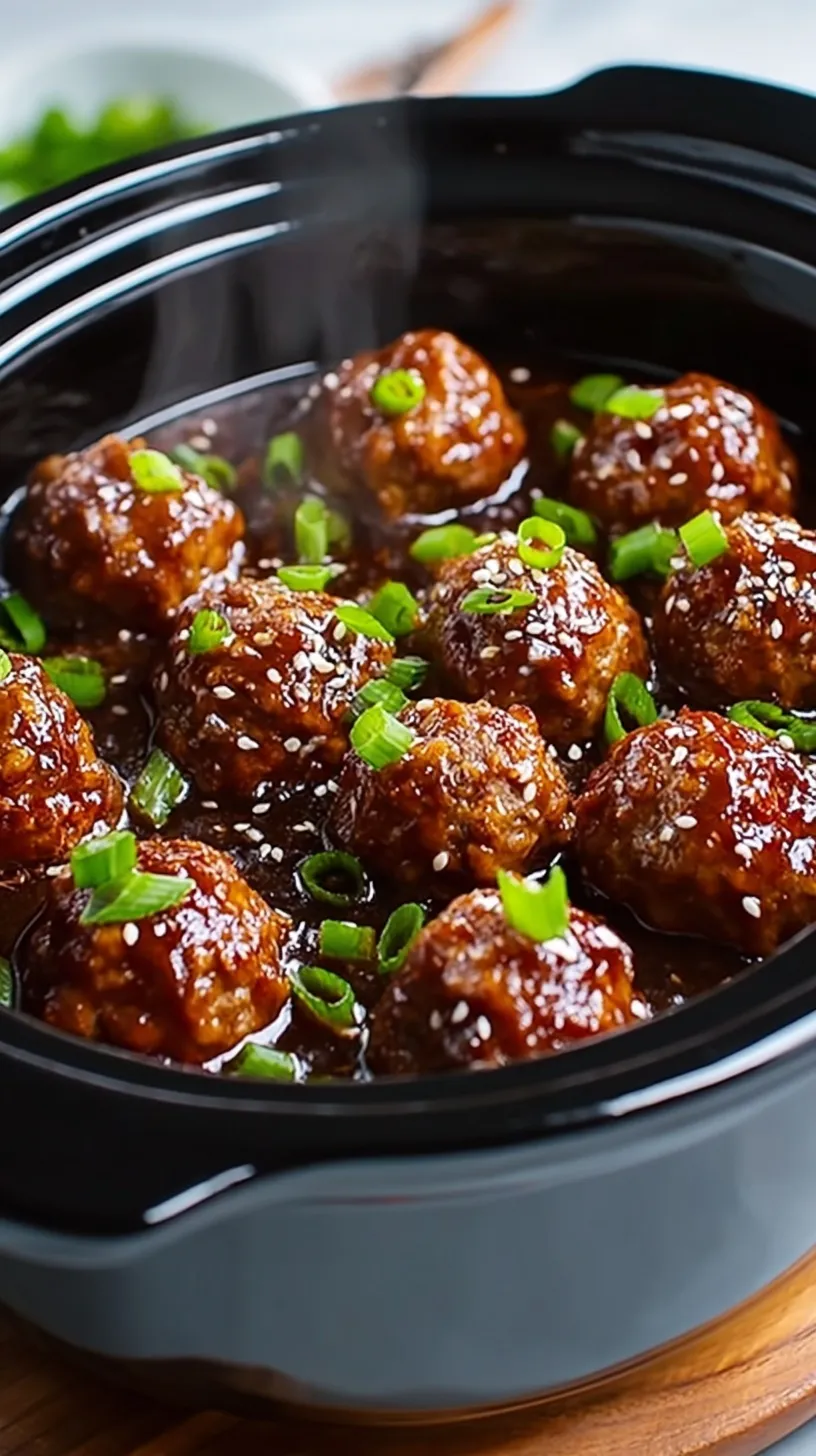 Glazed Asian meatballs in a slow cooker topped with green onions and sesame seeds