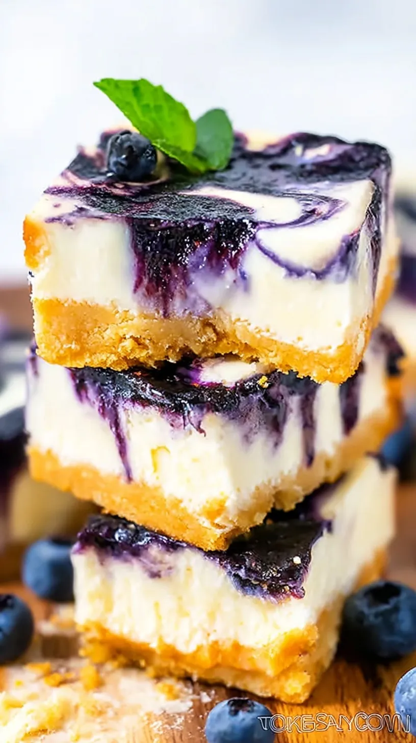 A top-down view of sliced keto cheesecake bars with vibrant purple blueberry swirls and a golden almond crust on parchment paper.